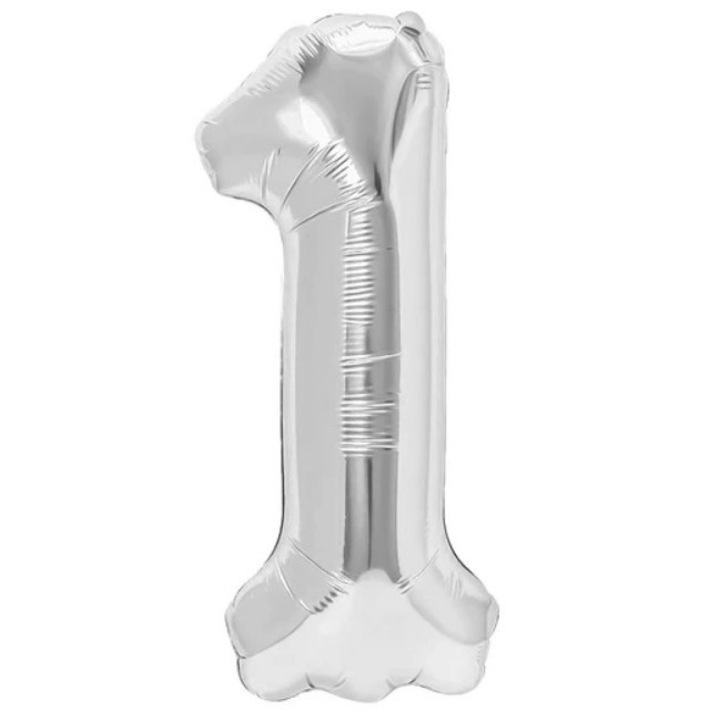 Балон от фолио, Leski, фигурка на число, тема за рожден ден 100 см, индивидуална опаковка, включена сламка, надуване с въздух или хелий, сребро, число 1