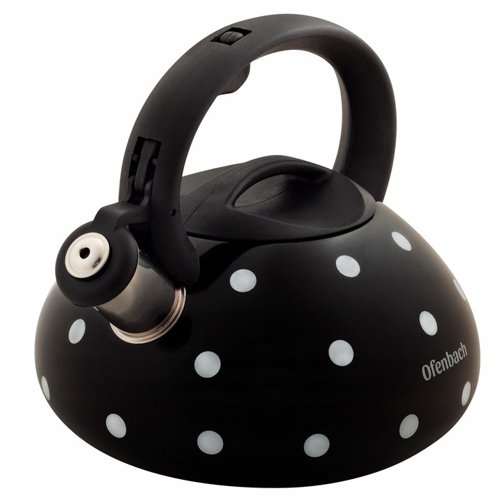 Fütyülő vízforraló, Ofenbach, Pöttyös mintás, Rozsdamentes acél, 2,5 l, 19,5x16,5 cm, Fekete/fehér