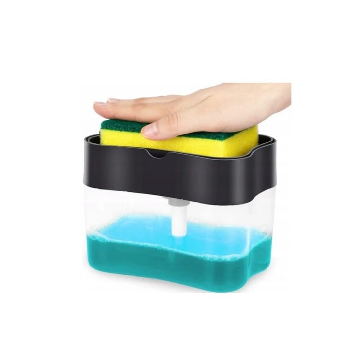 Dispenser 2 in 1 pentru Detergent Lichid de Vase cu Suport si Burete de Bucatarie, 14 x 10.2 x 9.5 cm, 385 ml, Negru/Transparent