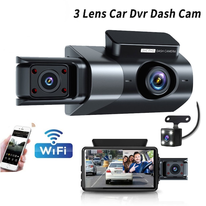 Autós DVR műszerfali kamera 3 kamerával, Full HD 1080P, Wi-Fi, 170°-os szög, Telefonalkalmazás, Mozgásérzékelés, Parkolásfigyelés, Éjszakai látás, Fekete
