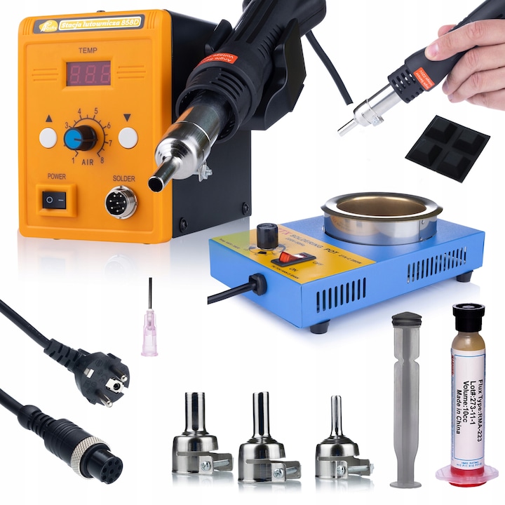 Комплект станция за запояване с горещ въздух Rosfix 858D, Tygiel 280W, Flux RMA-223, 3 диска, 700W, 100-550°C