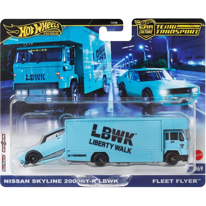 2 db Hot Wheels autó készlet, Nissan Skyline 2000GT-R LBWK & Fleet Flyer, 1:64, kék, 8x3x5cm