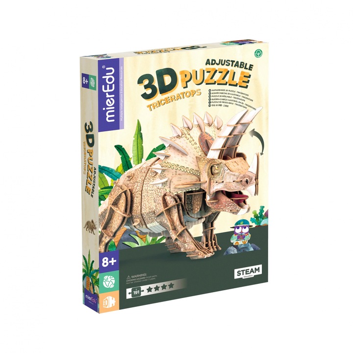 Puzzle 3D reglabil - TRICERATOPS (deluxe), Carton, multicolor, mierEdu, 5 ani+