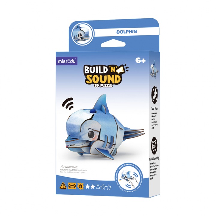 Puzzle 3D cu sunete - Delfin, Build 'n' Sound, Carton, multicolor, mierEdu, 5 ani+