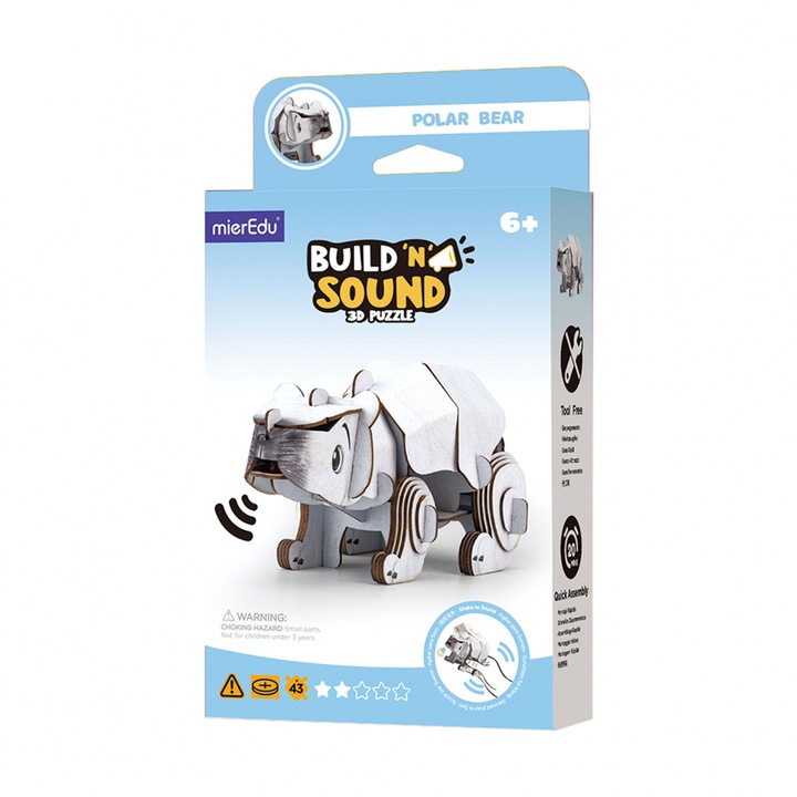 Puzzle 3D cu sunete - Urs polar, Build 'n' Sound, Carton, multicolor, mierEdu, 5 ani+
