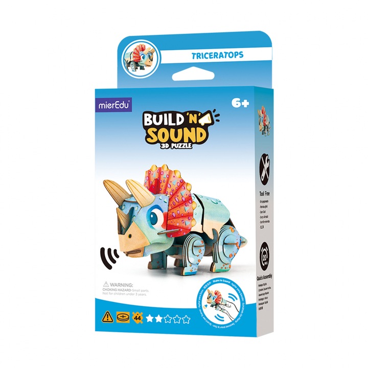 Puzzle 3D cu sunete - Triceratops, Build 'n' Sound, Carton, multicolor, mierEdu, 5 ani+