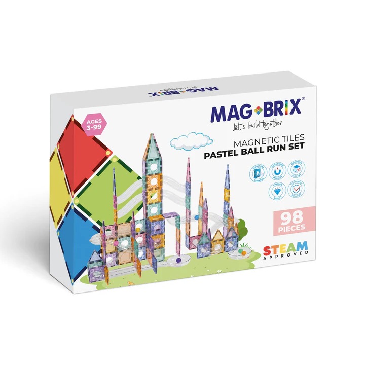 Set magnetic Magblox - 98 piese, circuit cu bile PASTEL - Magbrix Marble Run, Plastic, multicolor, Magblox, 3 ani+