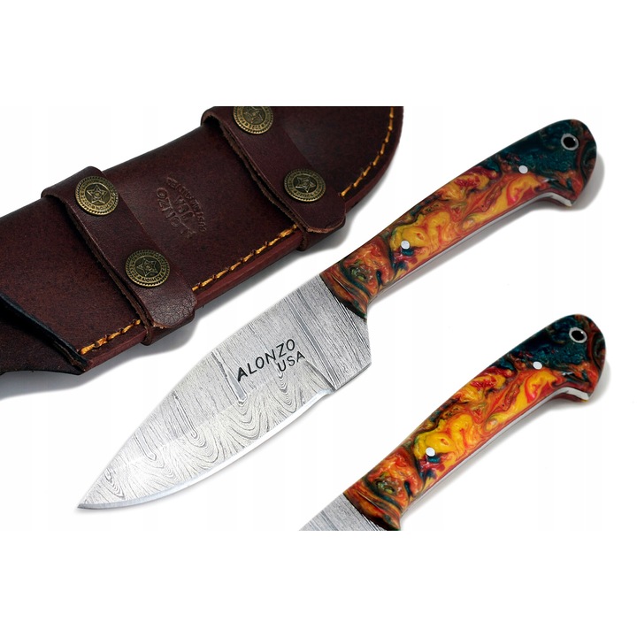 Cutit de vanatoare BUSHCRAFT, Alonzo, otel damasc, 23,5cm, maner Corelon, husa din piele naturala