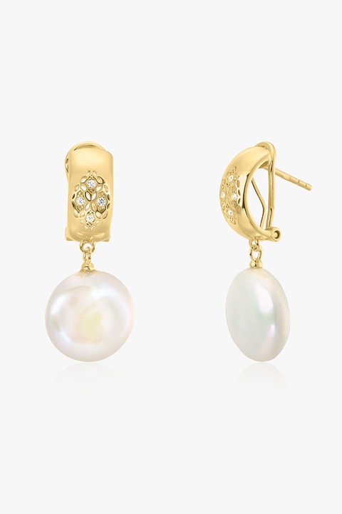INDIRA, Cercei placati cu aur de 14K, decorati cu perle si zirconia, Alb, Auriu