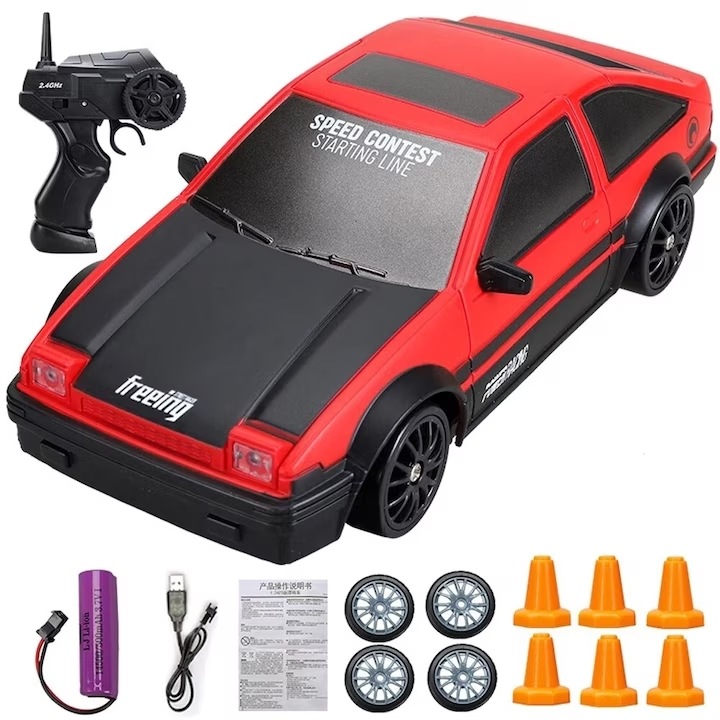 Játék versenyautó, MOSMAOO®, fiúk, RC, Speciális drifthez, 4WD, LED lámpák, piros
