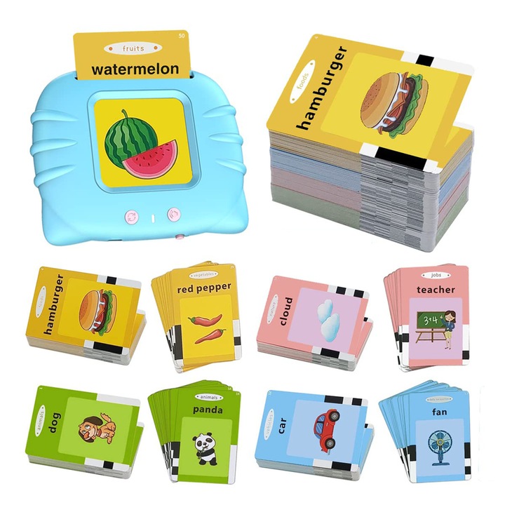 Set masina de invatare cuvinte in limba engleza, Jucarie educativa Montessori pentru copii, MorFansi®, 112 carduri flash 224 de cuvinte, Incarcare USB, 2 ani+, Albastru
