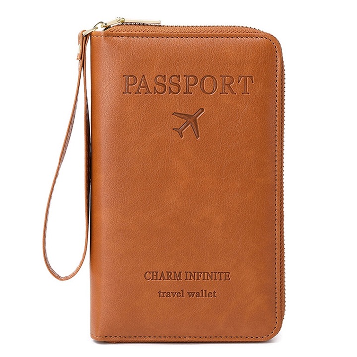 Portofel pentru Pasaport si Carduri Protectie RFID, Allizban®, Unisex, PU Piele, Maro