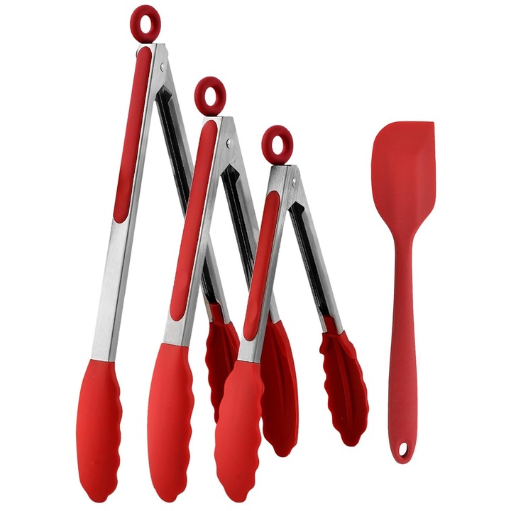 Set 3 Cleste servire, Axroad Mall, Cleste bucatarie, Cu racleta, Inel de blocare a tragerii, Maner anti-alunecare, Rezistent la caldura, Neaderenta, Usoara si usor de manevrat, Sigur pentru contactul cu alimentele, Otel inoxidabil/Silicon, Rosu