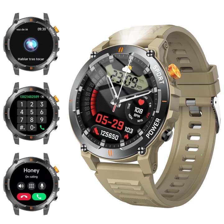 Ceas inteligent pentru apeluri Bluetooth pentru sporturi in aer liber cu lanterna, ritm cardiac, tensiune arteriala, oxigen din sange, somn, functii de memento a informatiilor despre vreme si retelele sociale, beige