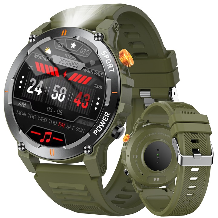 Смарт часовник за спорт на открито с Bluetooth обаждане с фенерче, сърдечен ритъм, кръвно налягане, кислород в кръвта, сън, време и функции за напомняне за социална мрежа, светлозелен