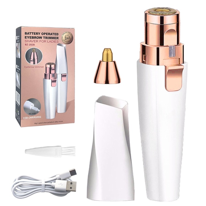 Епилатор за лице с USB зареждане, Axroad Mall, Wet & Dry, 2 в 1, с LED, безболезнен, миеща се глава на епилатора, преносим, за мъже, жени, вежди, премахва космите от тялото, ръцете, краката, подмишниците, ABS+UV, 2,5 x 2,5 x 12,5 cm, бял/бронз
