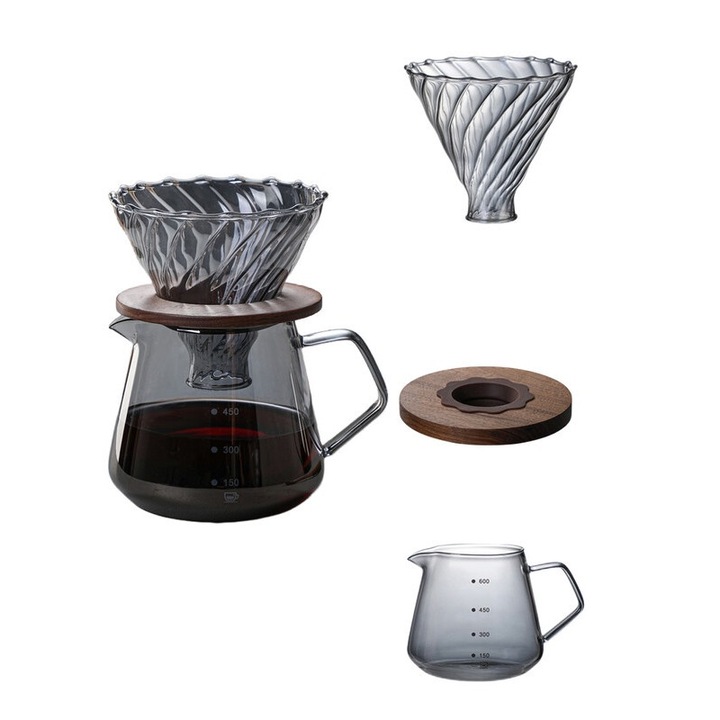 Set de cafea EqiEch, 600ML, cu dripper din sticla, design elegant, maner din bambus, 1-4 cani