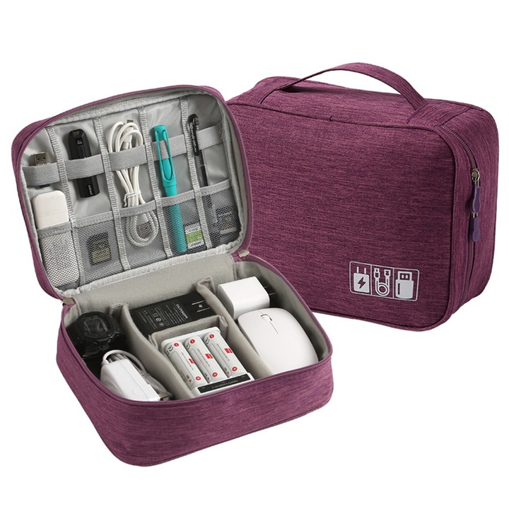 Органайзер за електронни аксесоари, Axroad Mall, С дръжка, Подвижна преграда, Голям капацитет, Водоустойчив и удароустойчив, За iPad, кабели, зарядни, твърд диск, Power Bank, Полиестер, 24x18x9Cm, Лилав