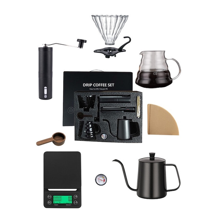 Set cafetiera manuala EqiEch, 8 piese, 600ml, din otel inoxidabil, cu rasnita si termometru