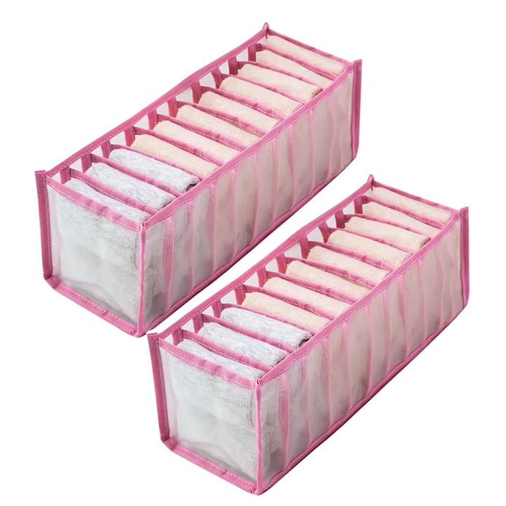 Organizator de sertar, Axroad Mall, Cu 11 grile, Pliabil, Economisiti spatiu, Usor de curatat, Design de ventilatie cu plasa, Pentru lenjerie Intima, sosete, cravate, curele, Roz