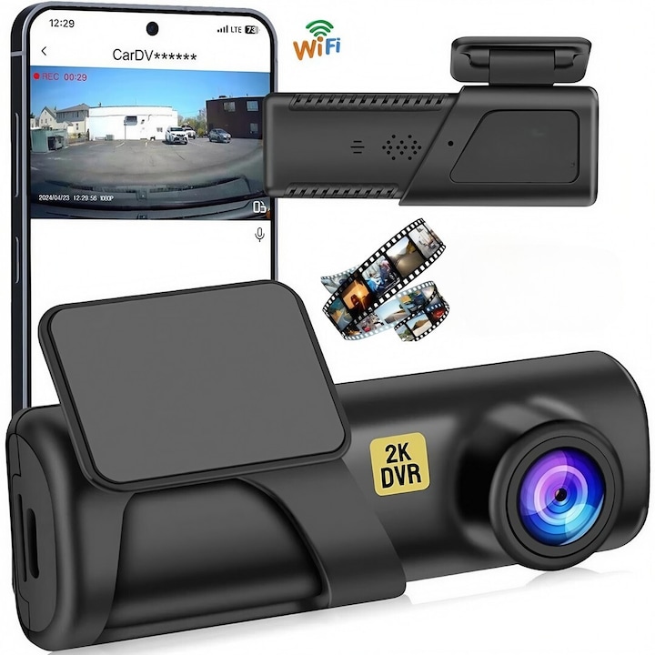 Автомобилна камера DVR от DolphinMC®, Dash Cam Q3, Wi-Fi, 2K Full HD резолюция, Нощно виждане, G-сензор, зрителен ъгъл 170, Приложение за телефон