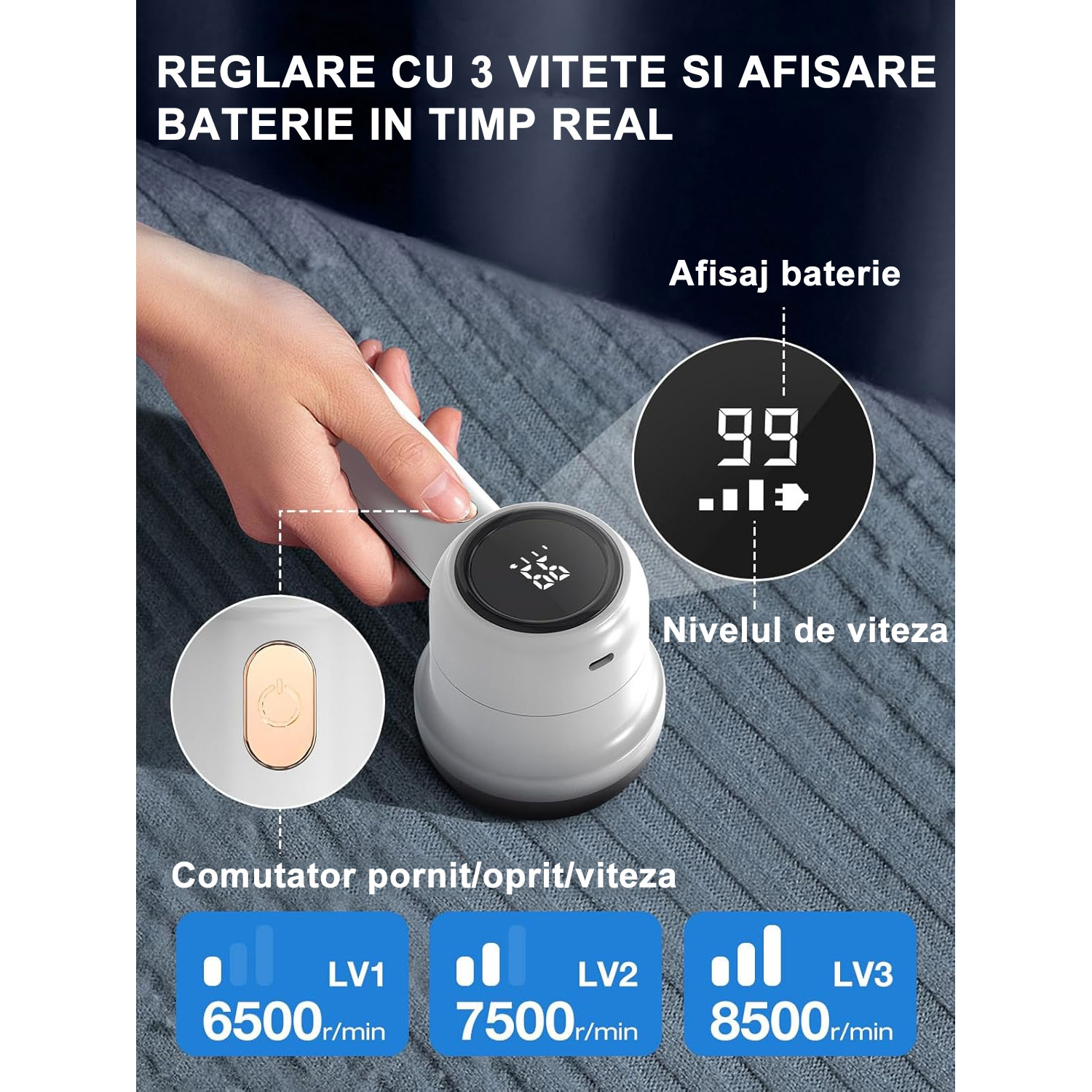 Aparat de curatat scame, RASK, Afisaj LED, 8500 rpm, 3 viteze, 1x lama rezerva, Alb
