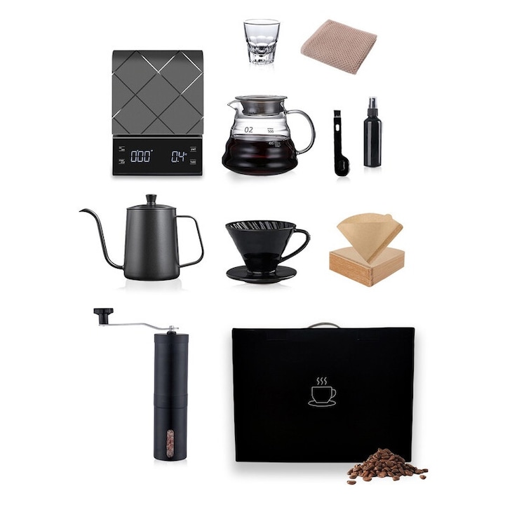 Set Cafetiera V60 EqiEch, 10 piese, inox, capacitate 600ml, sticla izolata, filtru din hartie naturala