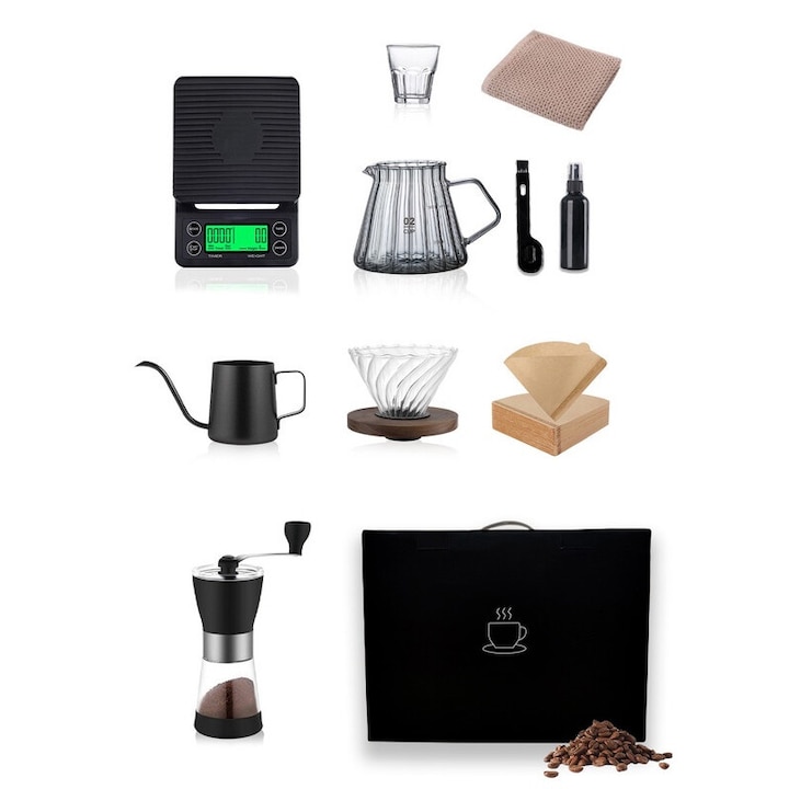 Set cafetiera V60, EqiEch, 10 piese, oala din otel inoxidabil 350ml, suport din lemn de nuc, cana din sticla, filtru din hartie