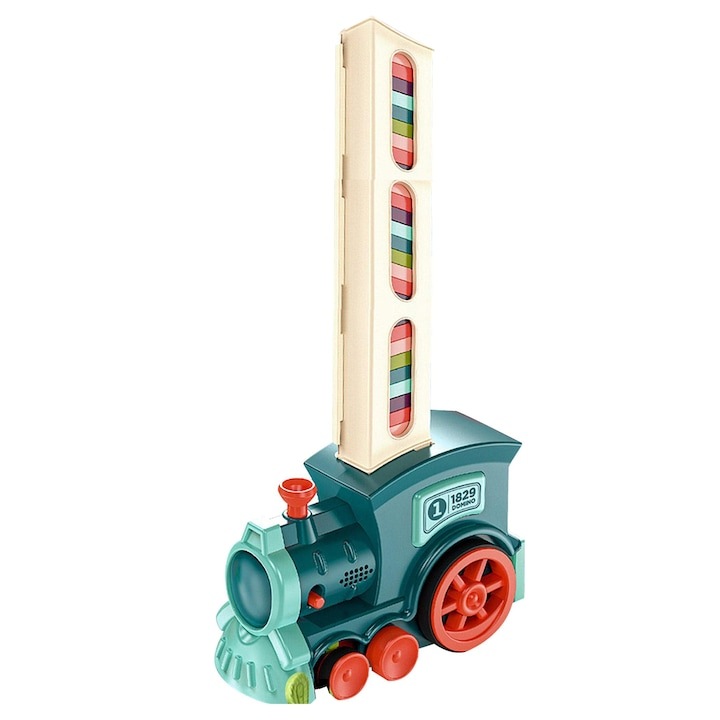 Jucarie trenulet cu piese de domino, EMATTERIO ®, cu baterii, 60 de piese, efecte sonore, multicolor