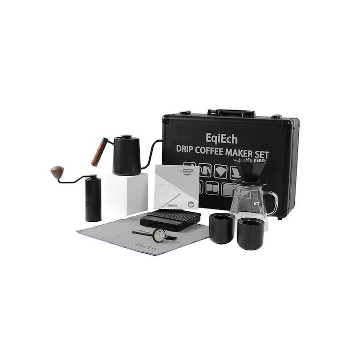 Set Cafetiera manuala V60, EqiEch, 10 piese, cana de cafea, rasnita manuala, negru