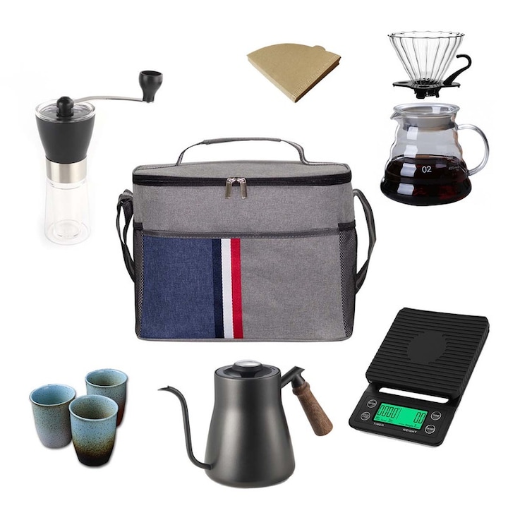 Set cafetiera manuala EqiEch, 10 piese, pentru 1-4 persoane, 600ml, 850ml, 11.5cm