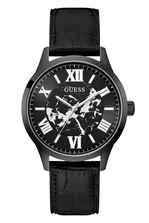 GUESS, Ceas cu o curea de piele si model marmorat, Negru