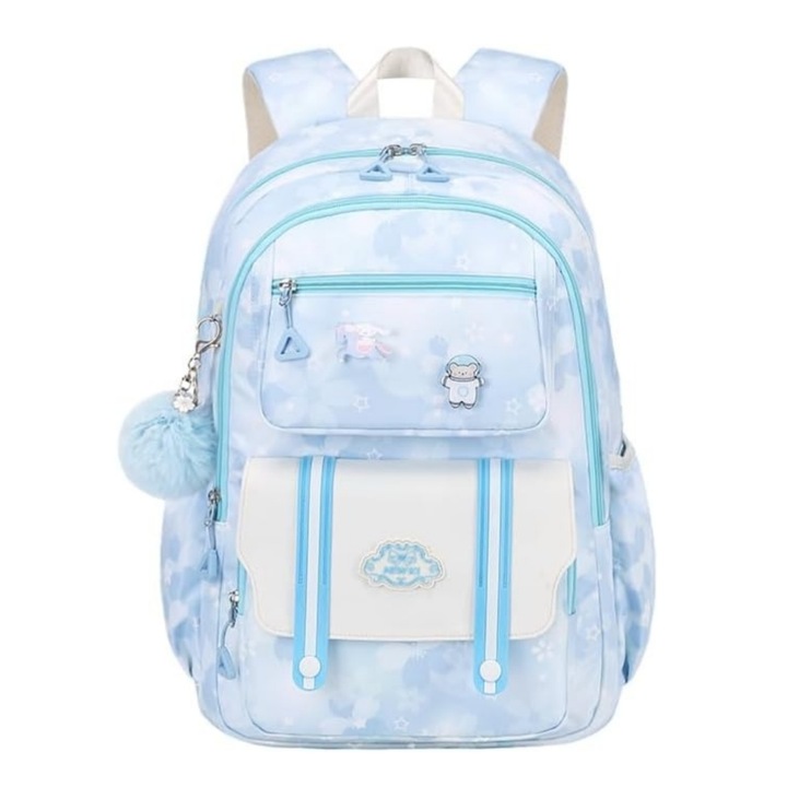 Раница за момичета NEWKI, модел Kawaii, синя, плат Oxford, 45x31x16 см, с флорален принт, голям капацитет, презрамка за гърди