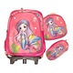 Комплект ученическа чанта Trolley за момичета, издръжлива, със светлини, силиконови колела, 41x30x18 см, с аксесоари за чанта и молив, модел Sirena, TR-00122