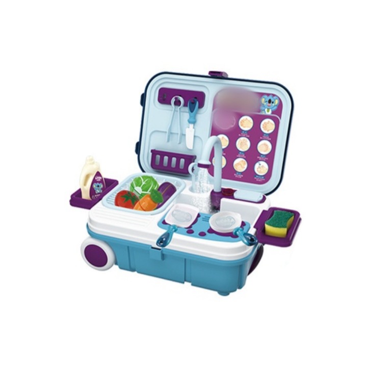 Gyerekjáték mosogatógéppel, konyha és edények, víz újrahasznosítás, csomagmegőrző, 21 kiegészítő, kék