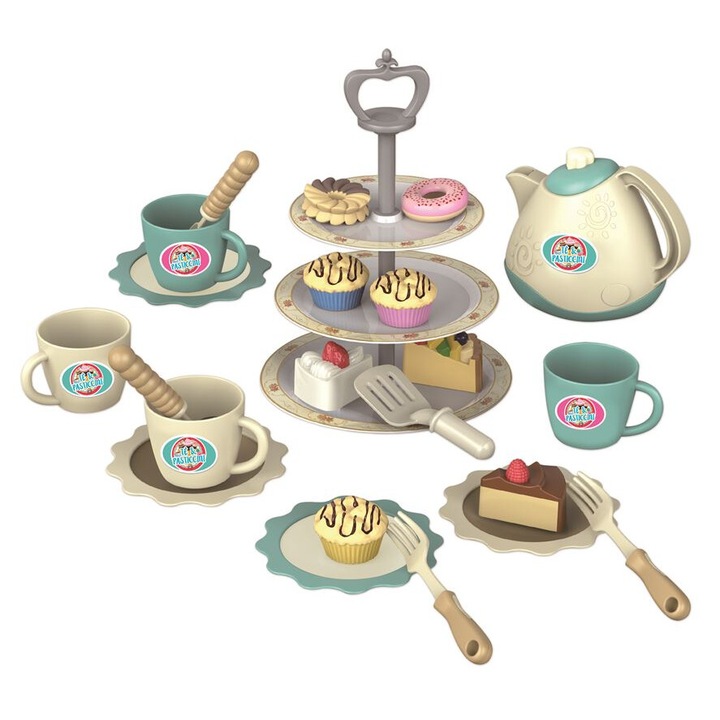 Set de joaca pentru copii, stativ cu produse de cofetarie si patiserie, farfurioare de servit, cesti si ceainic