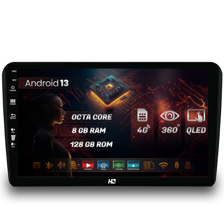 Navigatie HUB64 Audi A3, S3, RS3, 8GB RAM, Android 13, Octacore, Slot Sim 4G, DSP, GPS, Wi-FI, Carplay, Android Auto, USB, Bluetooth, Waze, Touchscreen, 9 Inch