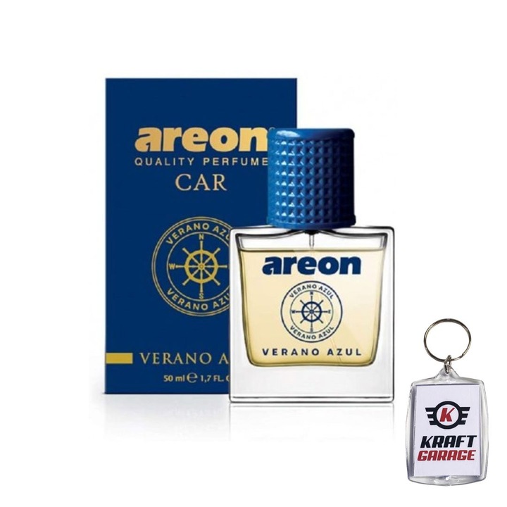 Set Odorizant Auto Areon New Design Verano Azul, 50 ml, Spray, cu Breloc KraftGarage