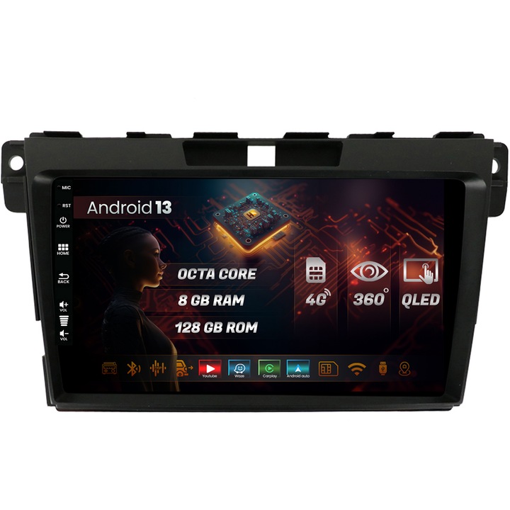 Navigatie HUB64 Mazda CX-7 (2008-2013), 8GB RAM, Android 13, Octacore, Slot Sim 4G, DSP, GPS, Wi-FI, Carplay, Android Auto, USB, Bluetooth, Waze, Touchscreen, 9 Inch