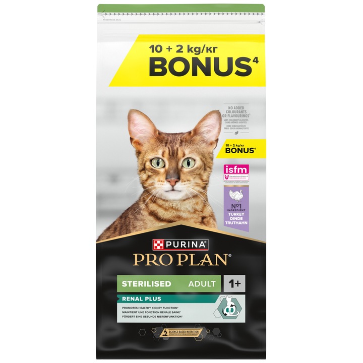 Hrana uscata pentru pisici Pro Plan Sterilised Renal, Curcan, 10+2Kg