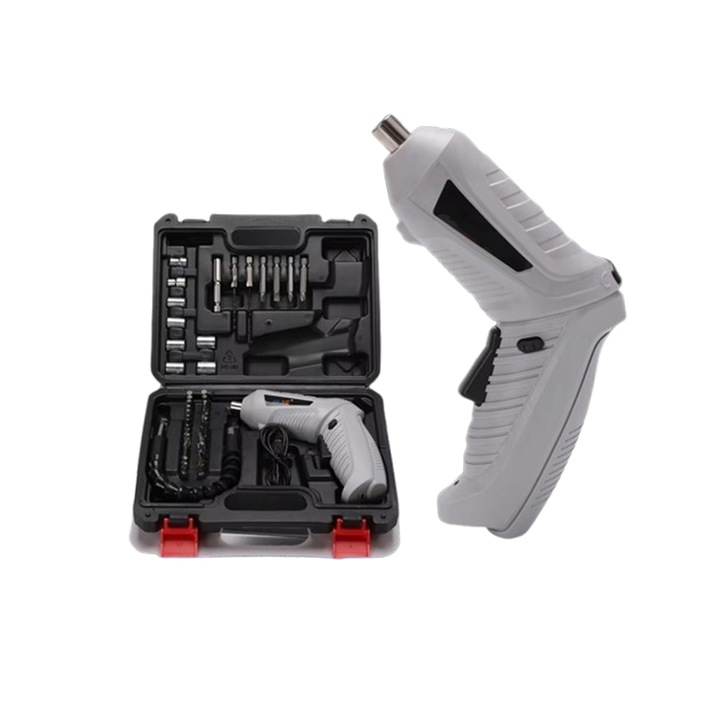 Set surubelnita electrica fara fir, SINBINTA, 47 accesorii, cuplu puternic, cu baterie reincarcabila cu litiu de 3,6V, Iluminare LED, incarcare USB, pentru asamblarea casei si repararea aparatelor electrocasnice, Plastic, 21.5cm, Gri