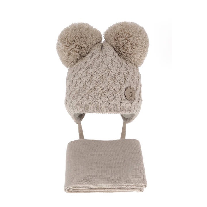 Set de iarna pentru baieti caciula si fular crem cu 2 pompoane Alonso, marime 36-38 cm