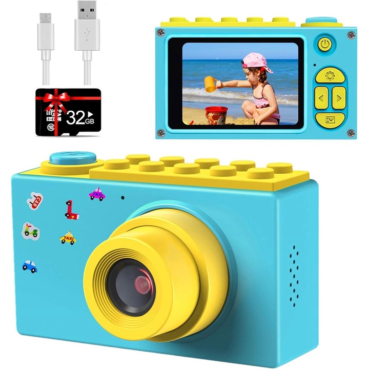Детска камера Beedove AT006P, 8MP, 32GB, син, 7.5x4.5cm, пълен комплект