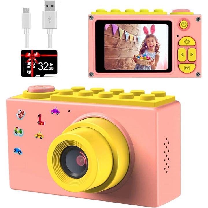 Детски фотоапарат Beedove AT006P, 8MP, розов, 7.5x4.5cm, комплект с 32GB micro SD карта