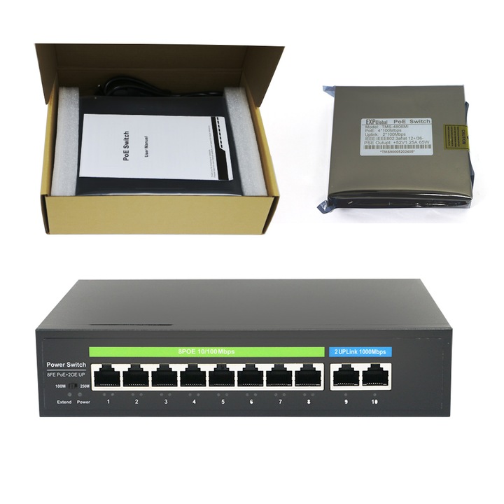 POEEXPGlobal суич, 8 POE 100 Mbps порта, 2 UP Link 1000 Mbps порта, 120W, AI Extend функция до 150m, 4kV защита от мълнии, Захранване през Ethernet, 52V 2.3A