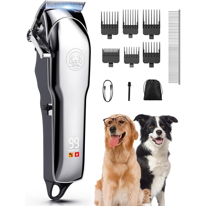 Masina de tuns caini, Beedove, cu 6 piepteni, tais ceramic, Masina de tuns animale, pentru caini, pisici, Trimmer pentru caini, alimentare cu baterie, zgomot redus, argintiu, 7000rpm