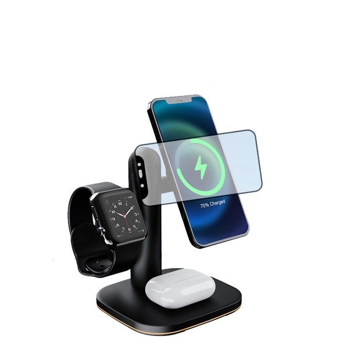 Incarcator Wireless Statie Incarcare 3 In 1, Fast Charger 15W, Incarcare Rapida Compatibil cu Apple Watch, Airpods, Iphone, Samsung, Huawei, Xiaomi, OnePlus, Negru