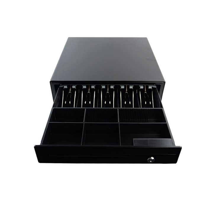 Sertar de numerar HD-KS41 - sertar din otel, cu incuietoare pe cheie, rezistent, ideal pentru comert si birou, plati sigure, 5 compartimente pentru bancnote, 6 pentru monede, deschidere manuala, compatibil cu sistemele fiscale, organizator pentru bani
