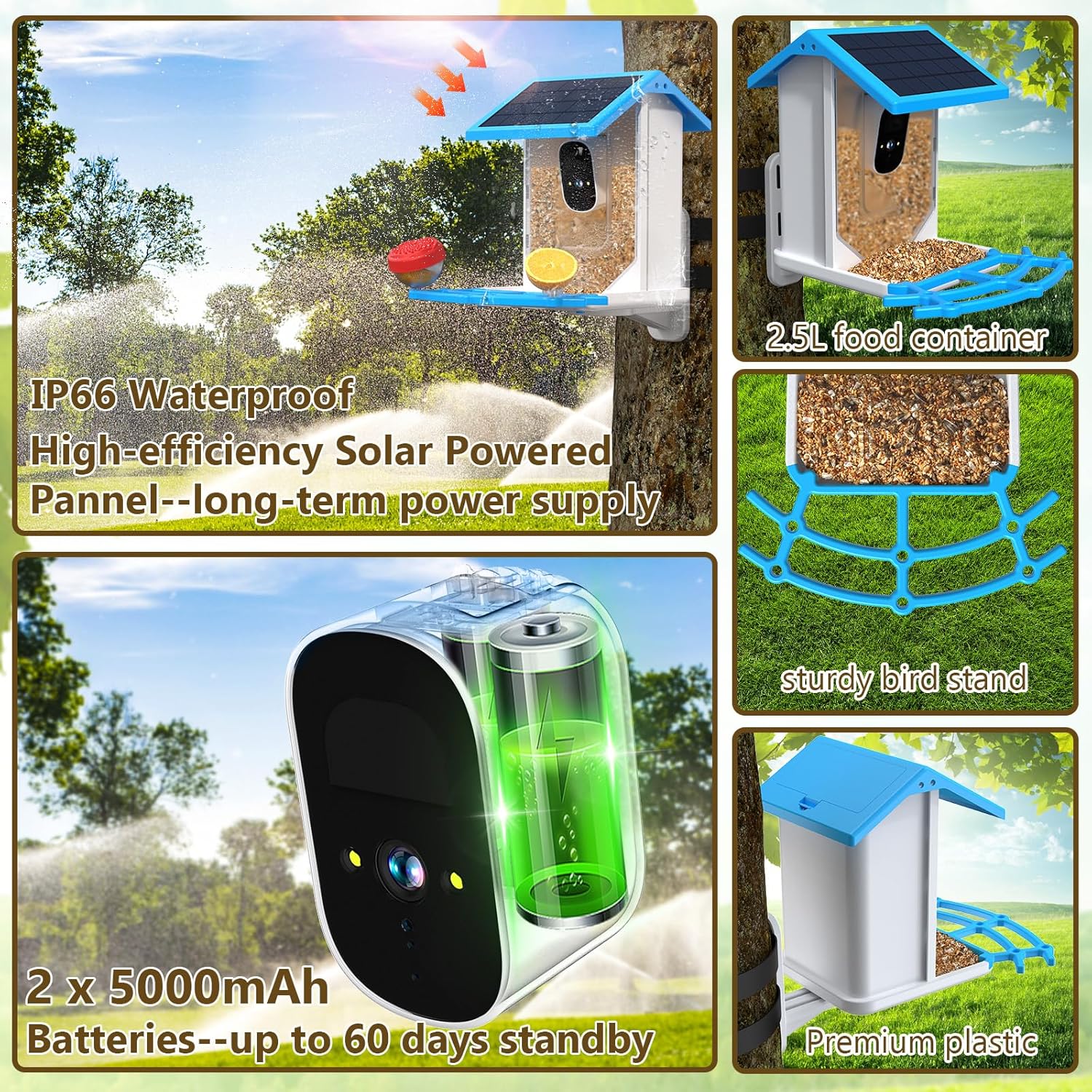 Hranitoare pasari WiFi cu camera HD, panou solar, microfon incorporat,  aplicatie smartphone, nightvision color, unghi larg 110, recunoastere  pasari ...