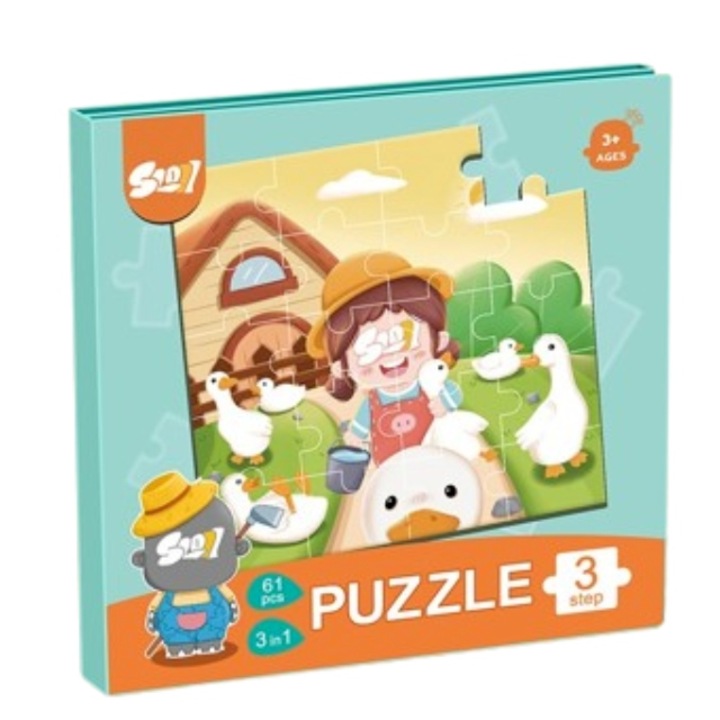 Puzzle 3 in 1 la ferma KOMAZI®, 61 Piese, 3 ani+, Material: Hartie/Carton cu Magnet